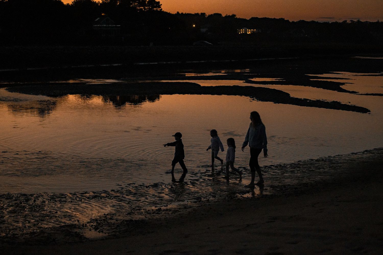 Dark silhouettes of people walking along a beach shore during golden sunset.
