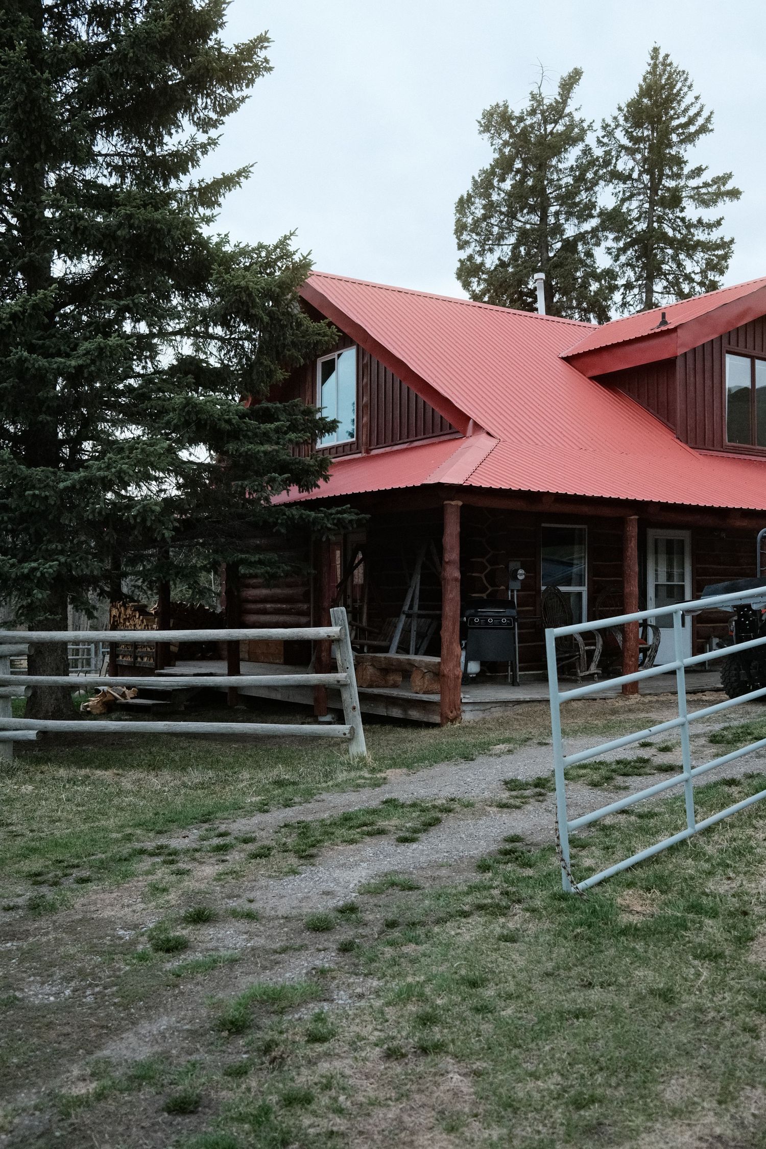 Rustic log cabin with red metal roof surrounded by tall pine trees, featuring a wooden fence and metal gate in foreground.