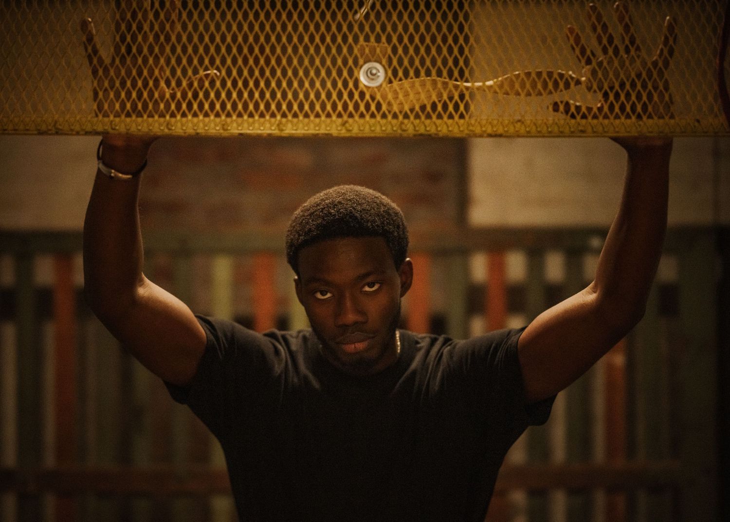 Series of images showing a person lifting weights in a dimly lit library setting.