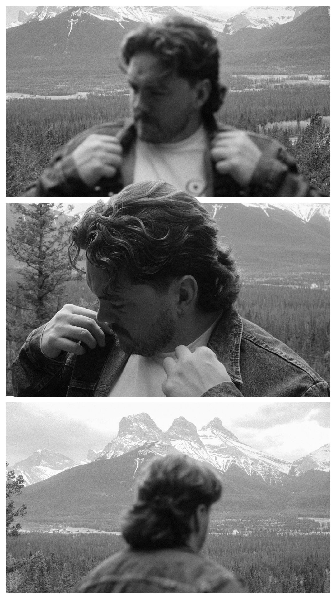 Black and white triptych of a man with curly hair posing in front of mountain landscape with forested valley.