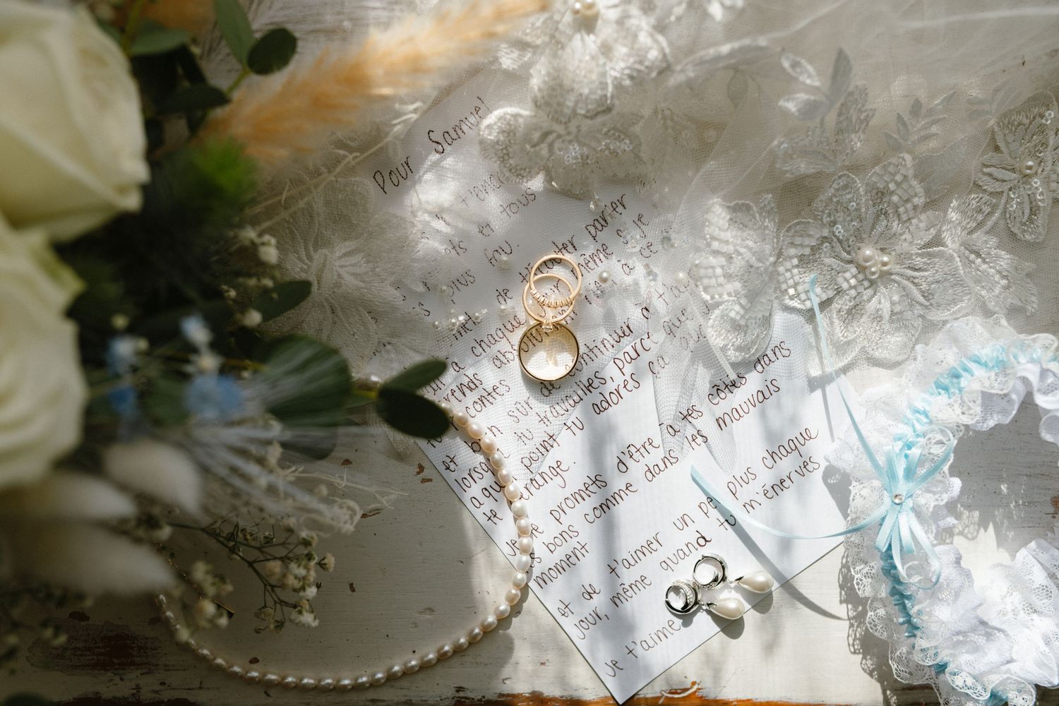 Wedding rings on handwritten paper with lace details and white roses.