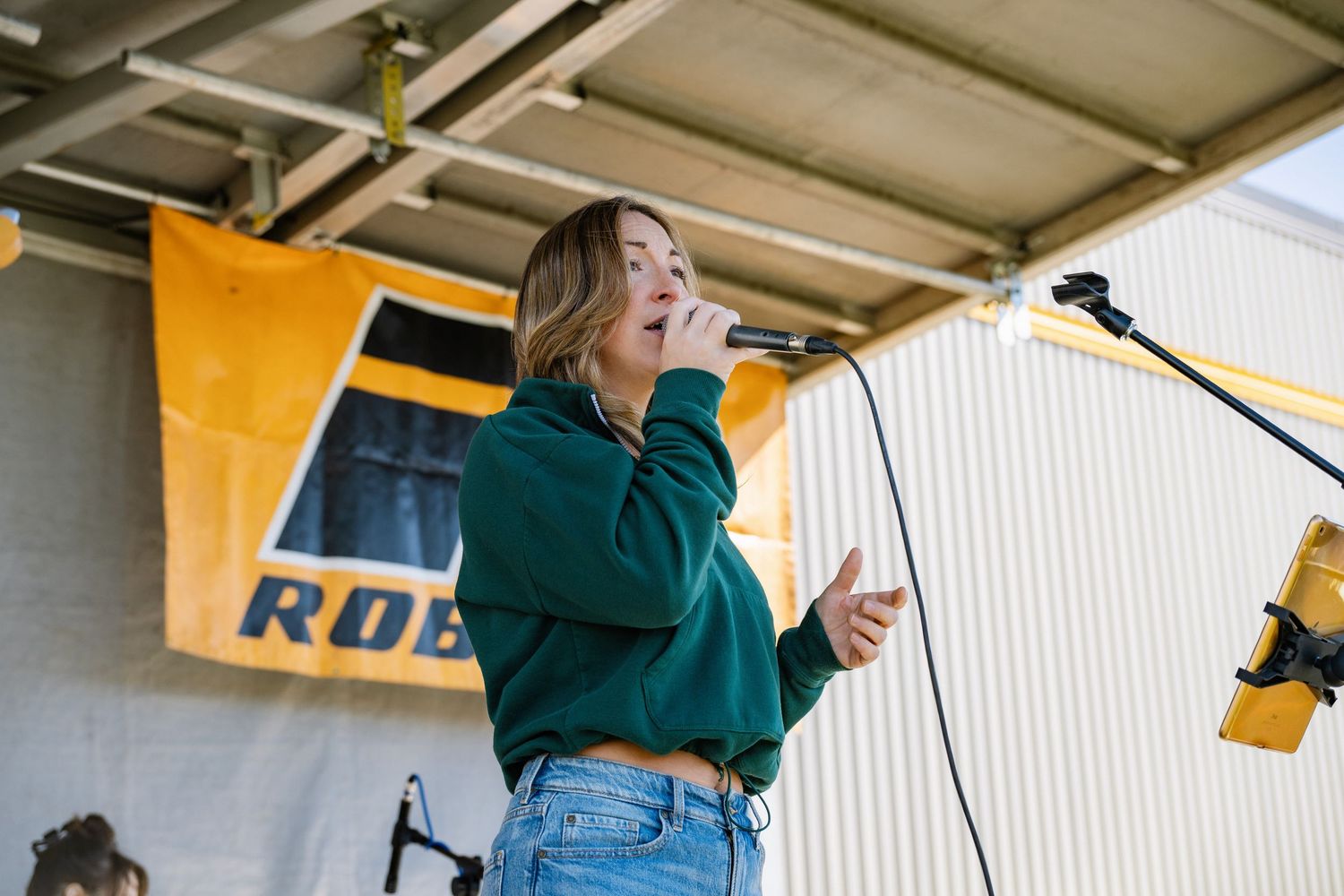 Singer performing passionately on stage in a green top during a live performance.
