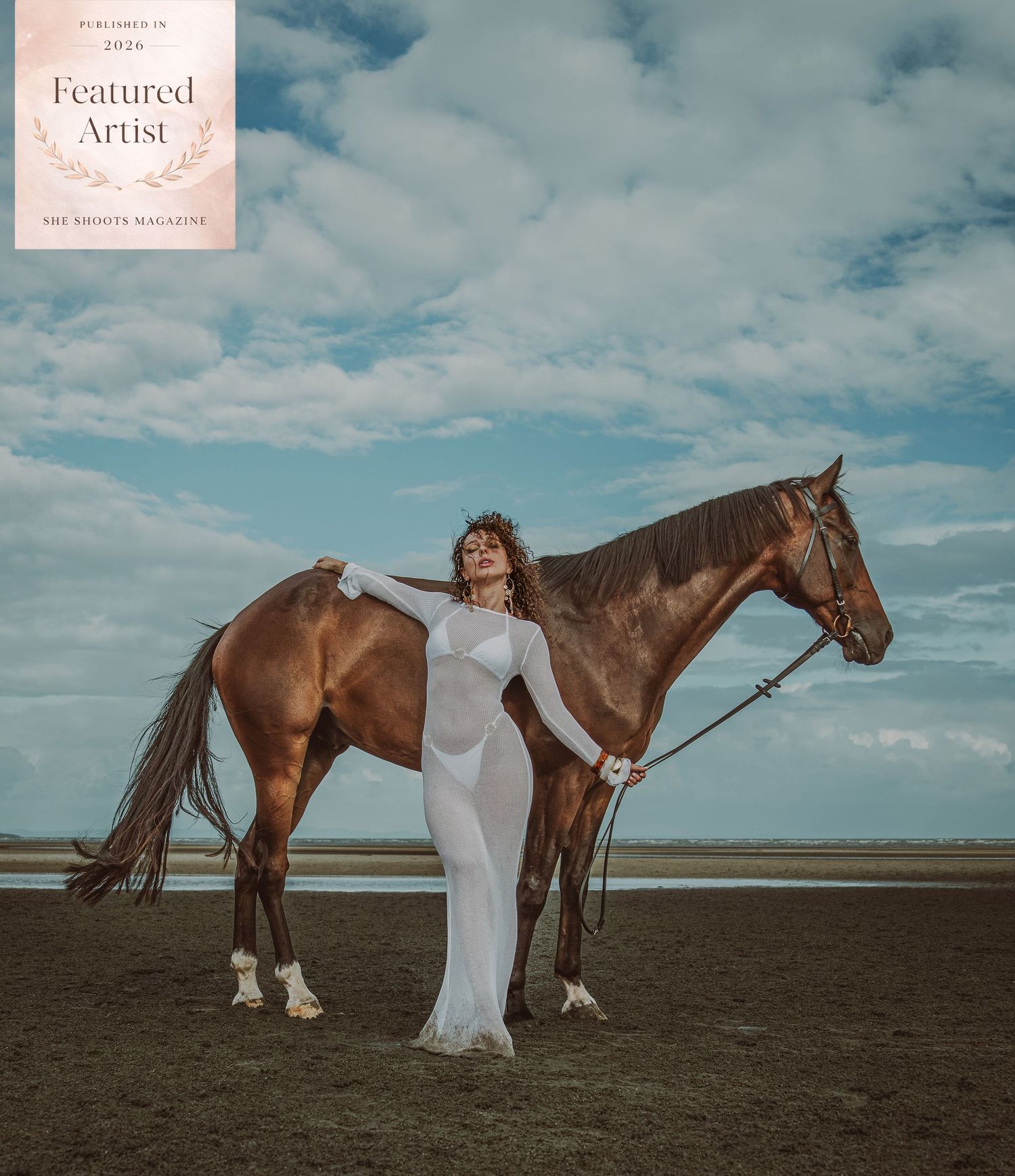 Woman in white gown poses with chestnut horse on beach under dramatic cloudy sky, featured artist photo.