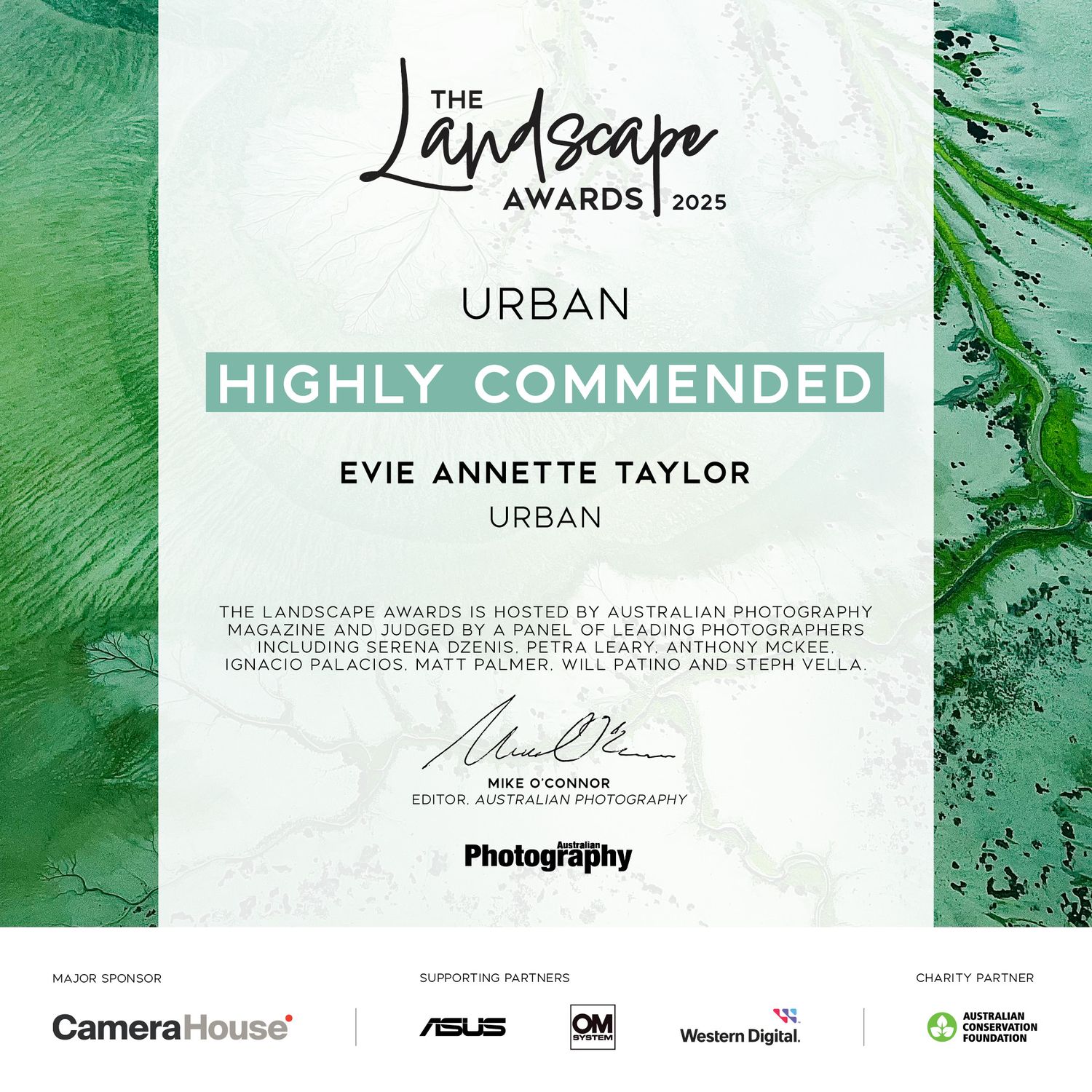 A green-tinted award certificate for The Landscape Awards 2025 showing 'Highly Commended' in the Urban category.