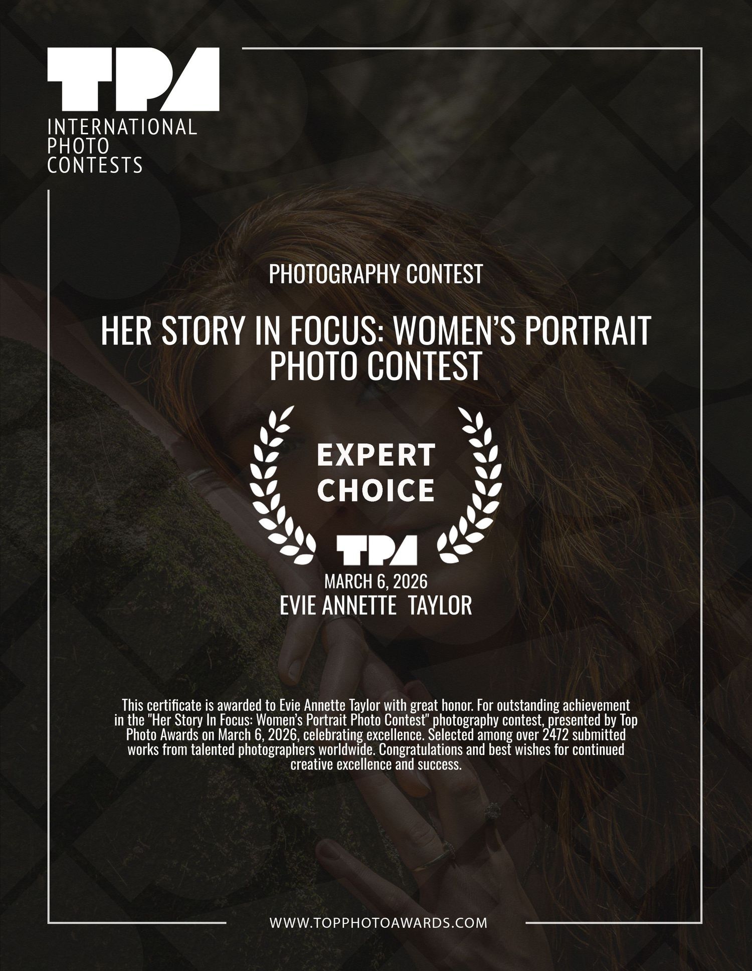 TPA Expert Choice award certificate for Evie Annette Taylor in the Her Story In Focus Women's Portrait Photo Contest, March 2026.