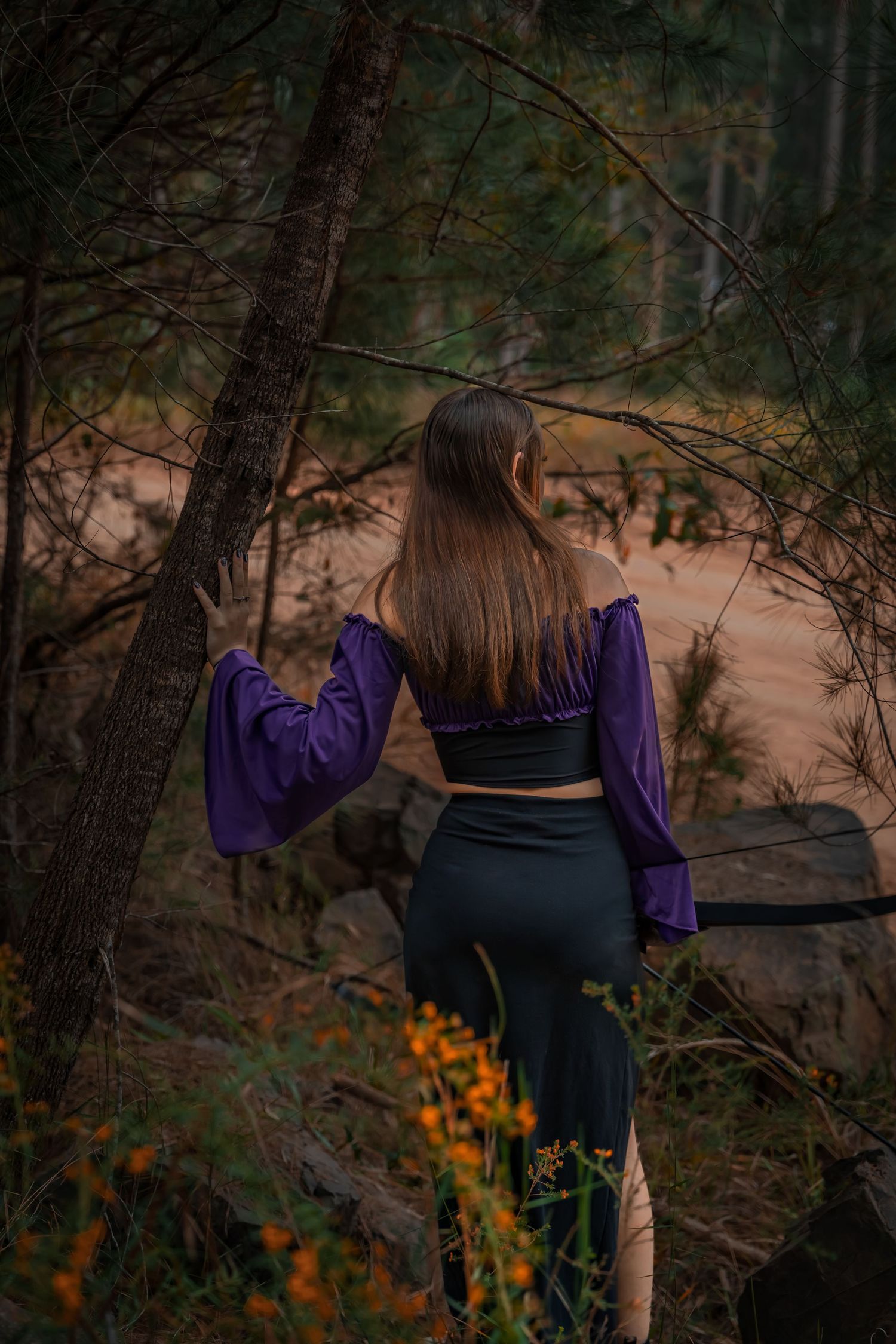 Back view of person in purple renaissance outfit walking through autumn forest.