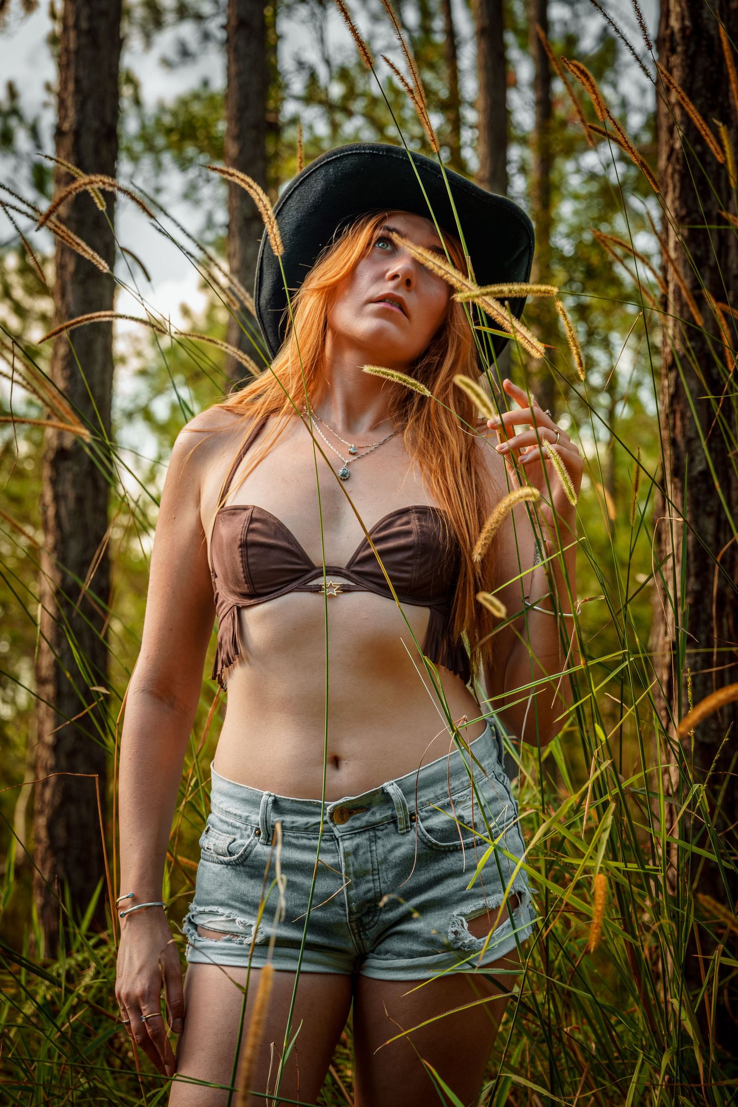 A series of outdoor portraits in a forest setting with golden sunlight filtering through pine trees and tall grass.