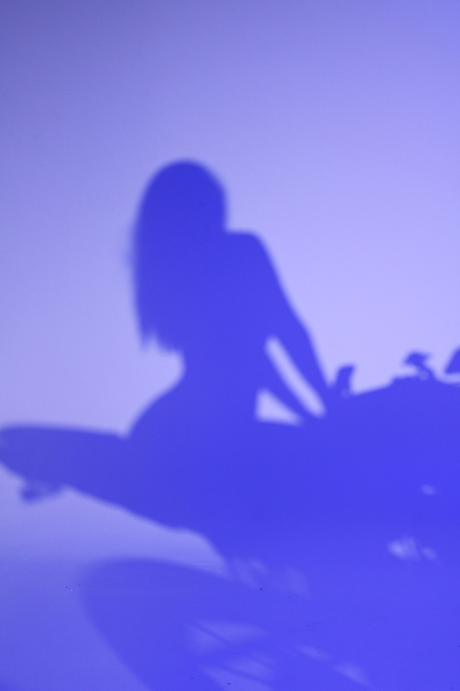 Silhouetted figures against purple background create artistic shadows.