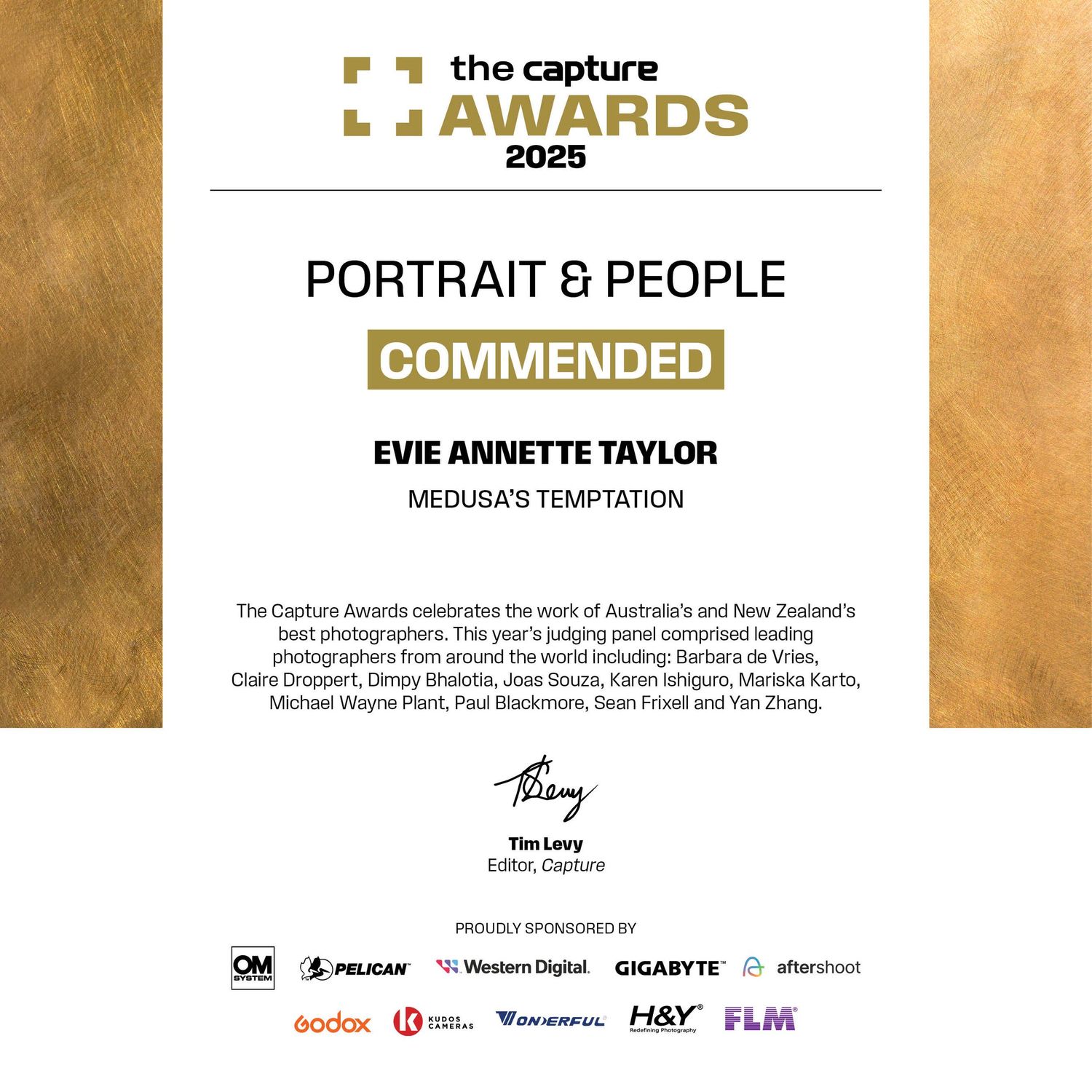 A commendation certificate from The Capture Awards 2025 in the Portrait & People category with sponsor logos at bottom.
