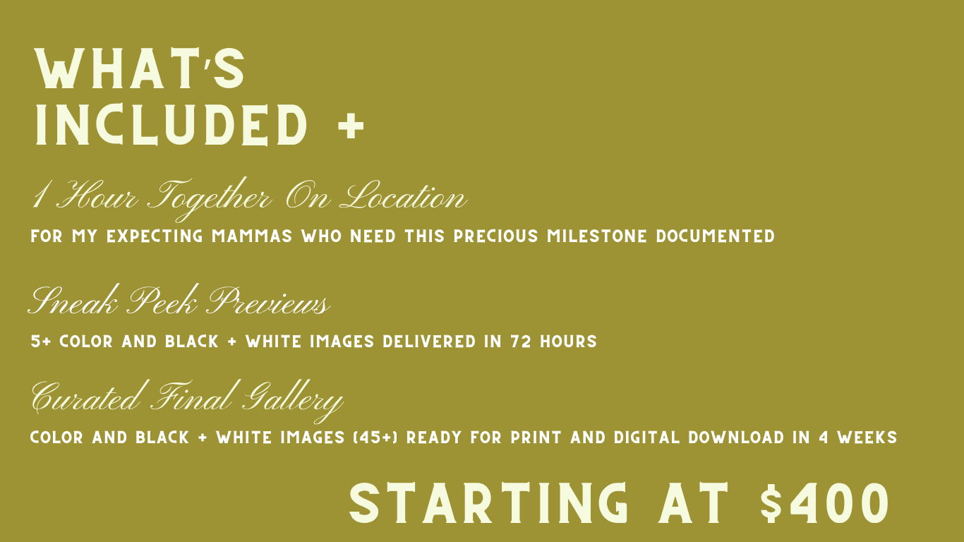 Maternity photography package details starting at $400, including 1-hour session, sneak peek previews, and curated final gallery.