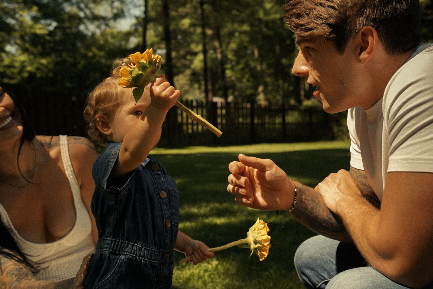 A young family sits on grass in a sunny park, with a toddler holding yellow flowers toward their father.