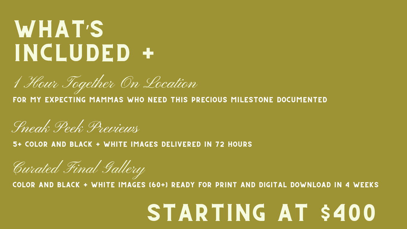 Maternity photography package details showing 1-hour session, sneak peek previews, and curated gallery starting at $400.