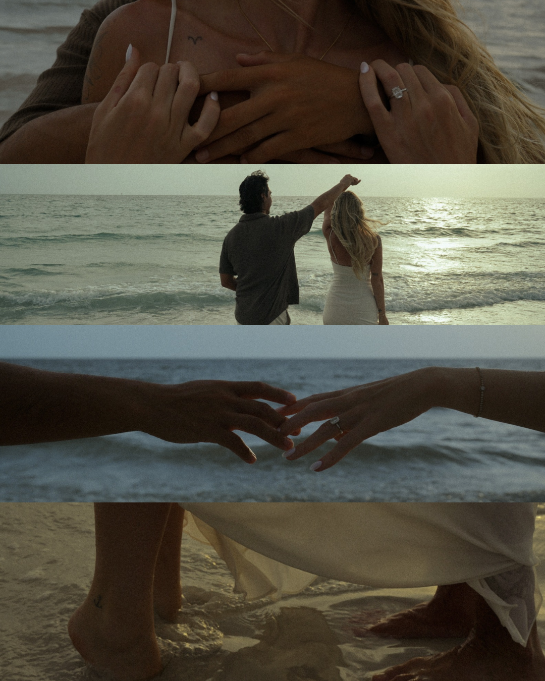 Romantic beach engagement shoot with couple walking by ocean waves, close-up of diamond ring, and hands touching on sandy shore.