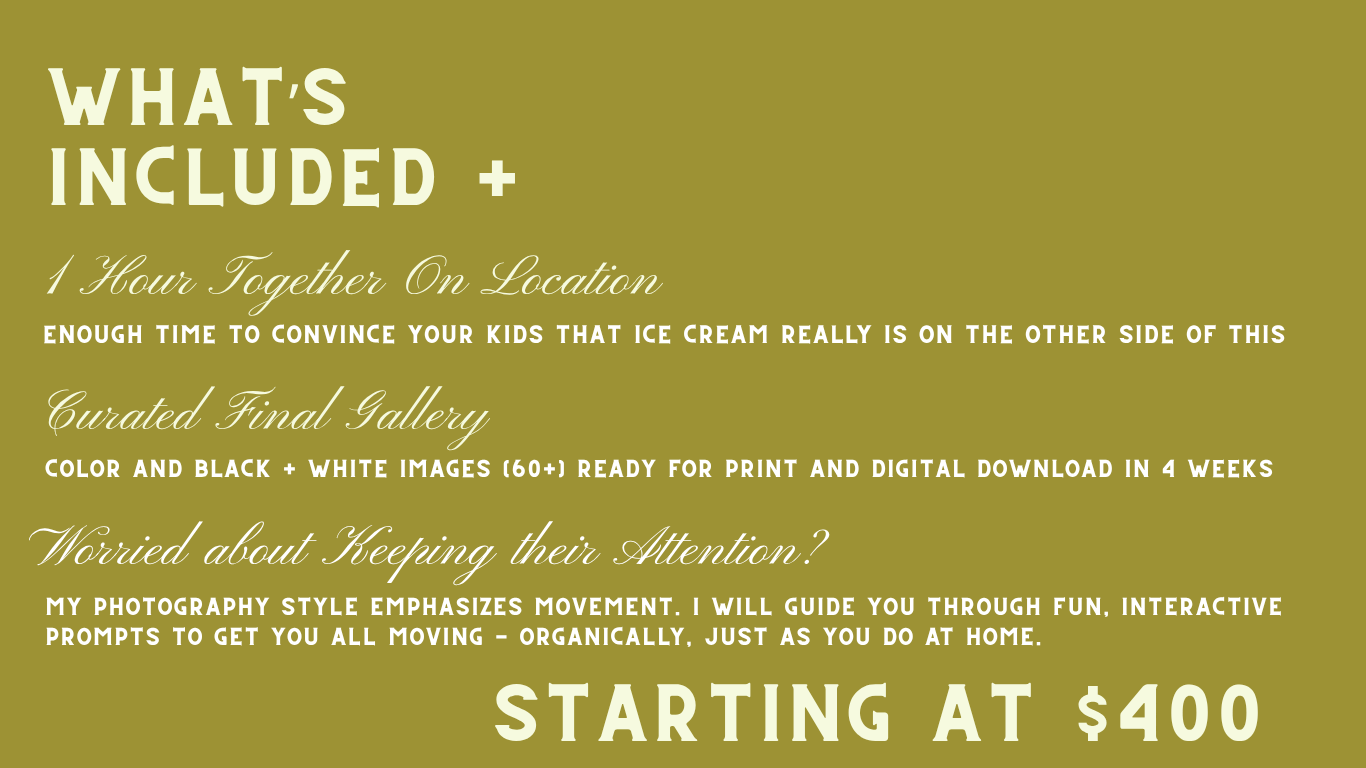 Photography package details slide showing services starting at $400 with green text on dark background.