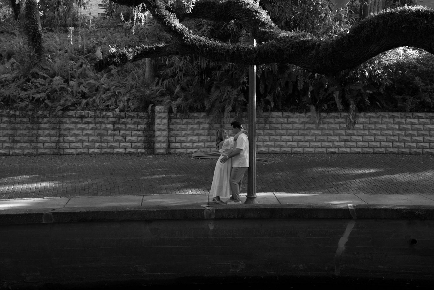 Black and white photo of a couple embracing near a lamppost under a large tree by a brick wall.
