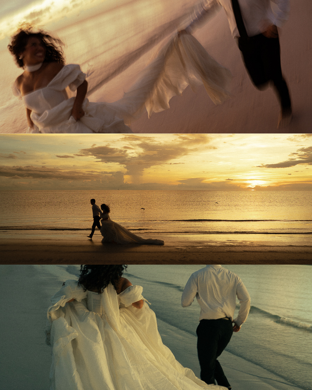 Bride and groom running on a sunset beach in wedding attire, white gown flowing in the wind.