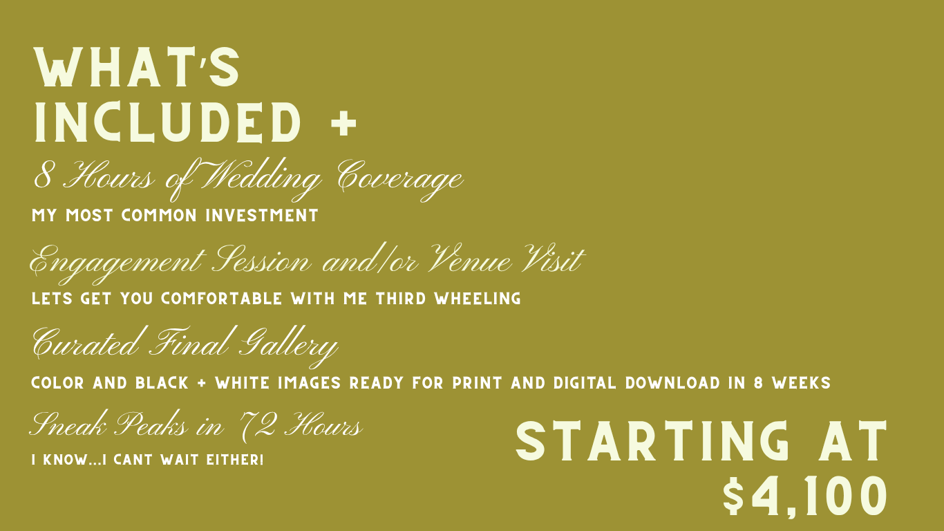 Wedding photography package details on olive green background, starting at $4,100 for 8 hours of coverage.