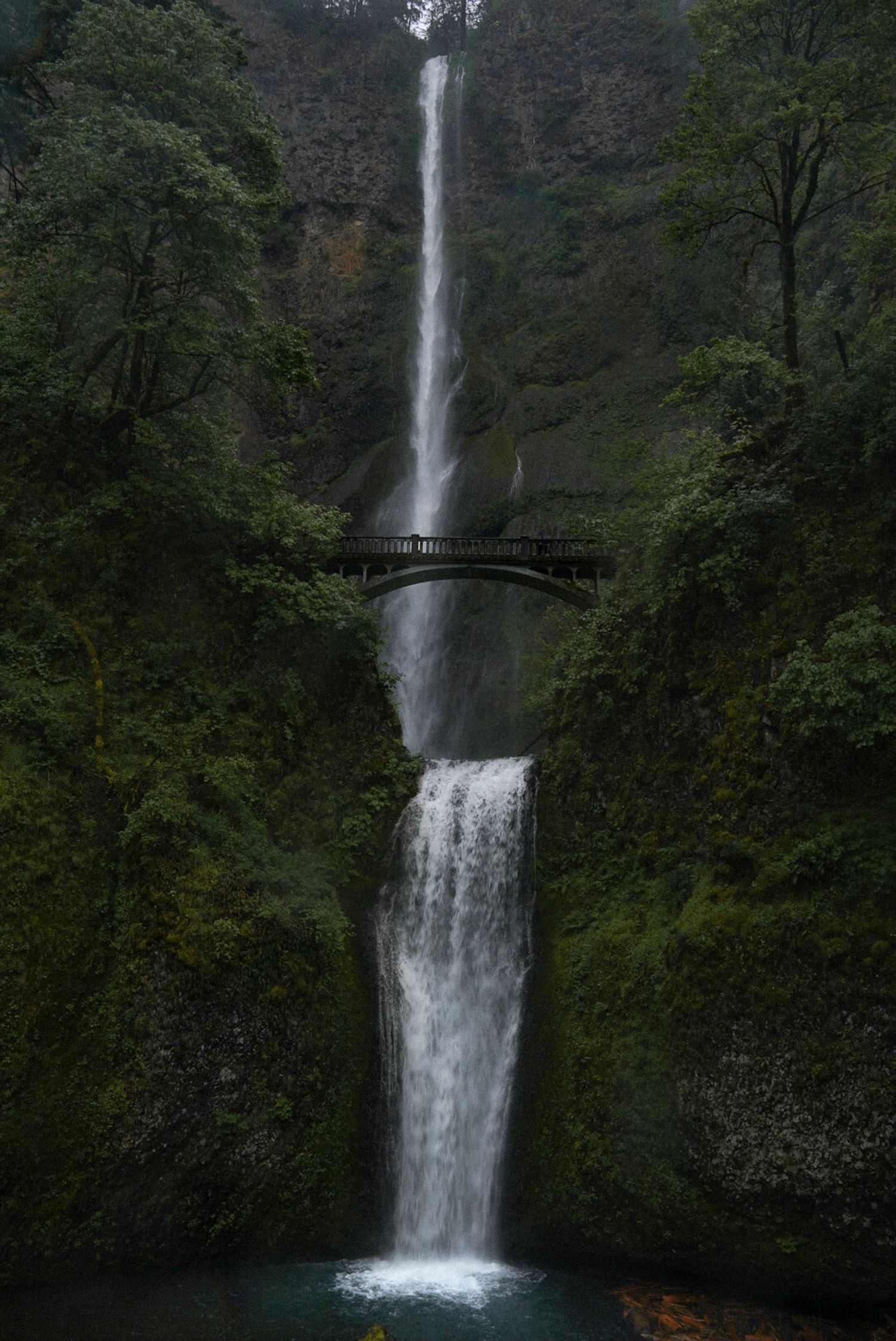 Multnomah Falls cascading down mossy cliffs with a historic footbridge spanning between the upper and lower tiers in Oregon.