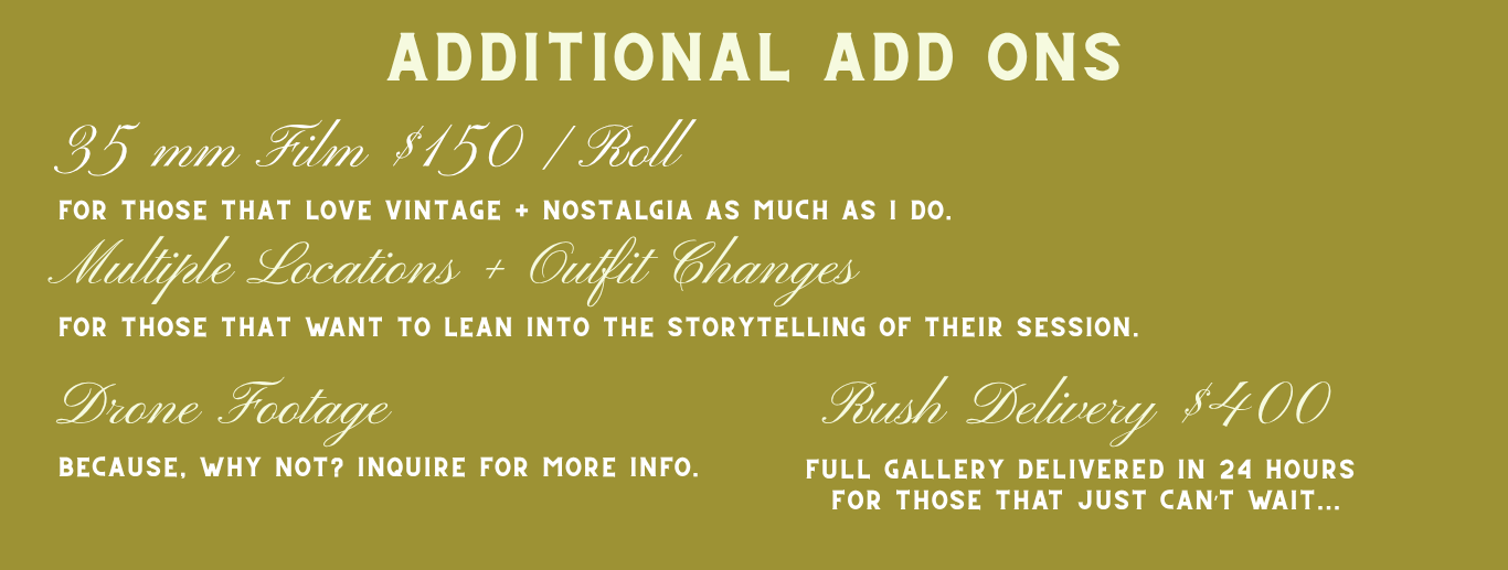 Olive green banner listing photography add-ons including 35mm film, multiple locations, drone footage, and rush delivery options.