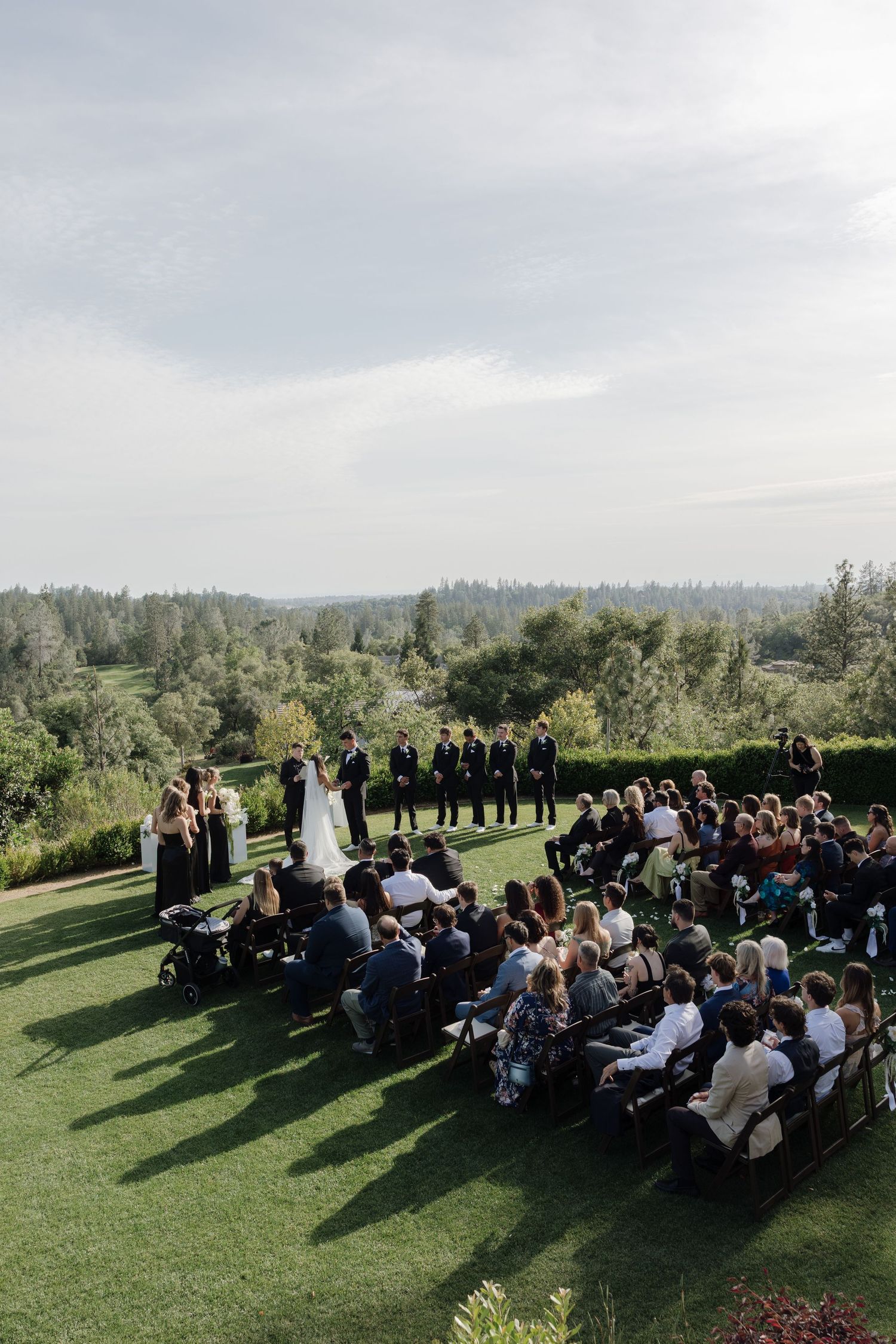 Aerial view of outdoor wedding ceremony on green lawn surrounded by forest landscape.