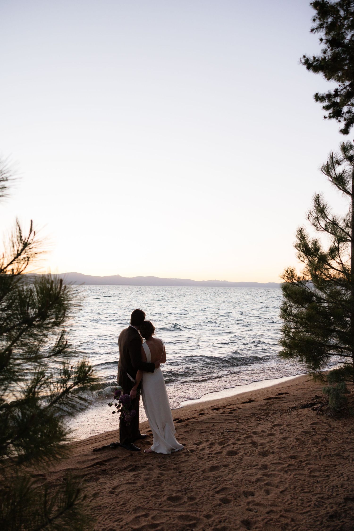Bride and groom silhouette standing on sandy beach at sunset surrounded by pine trees lakeside.
