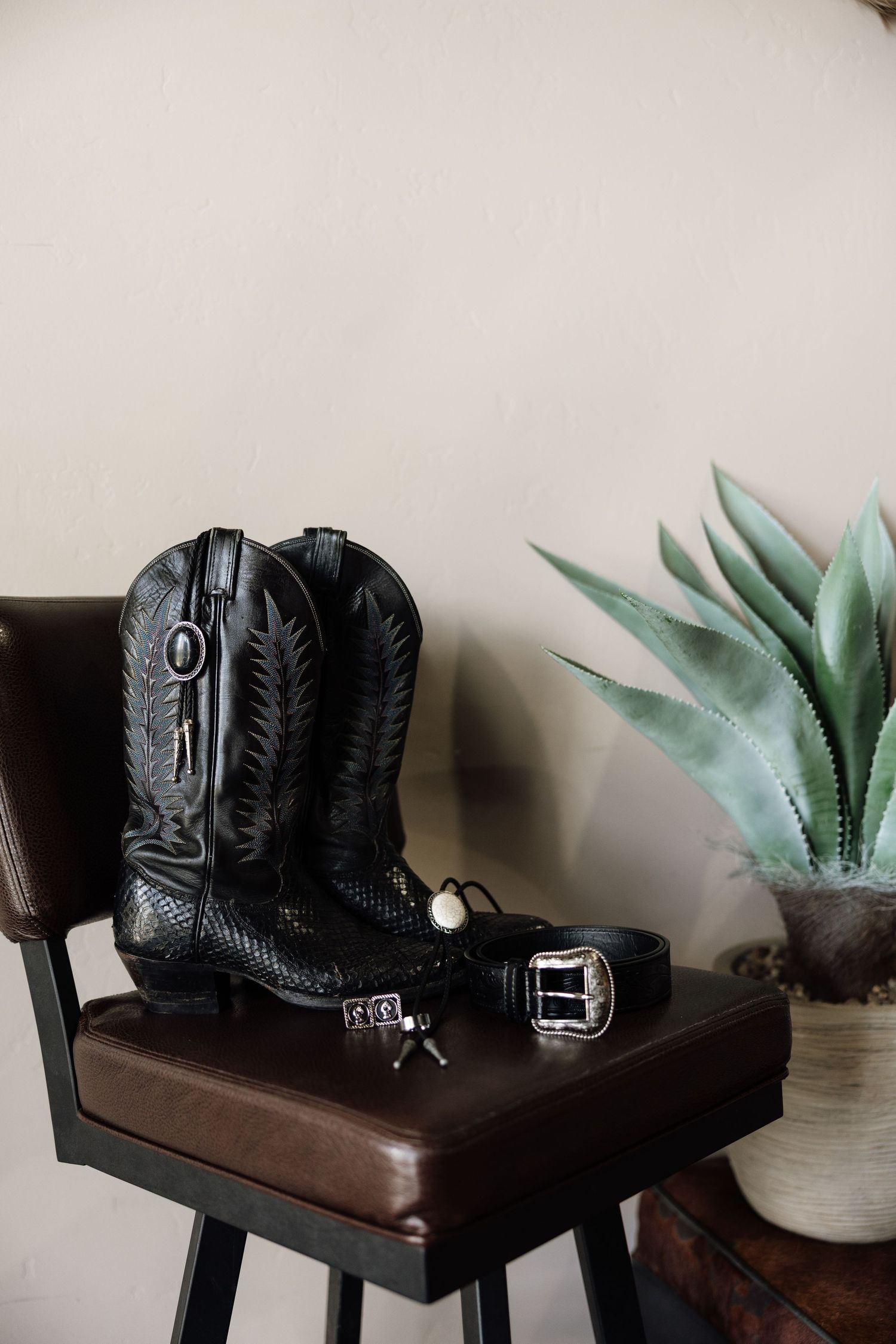 Black cowboy boots and belt accessories displayed on a leather chair beside a succulent plant.