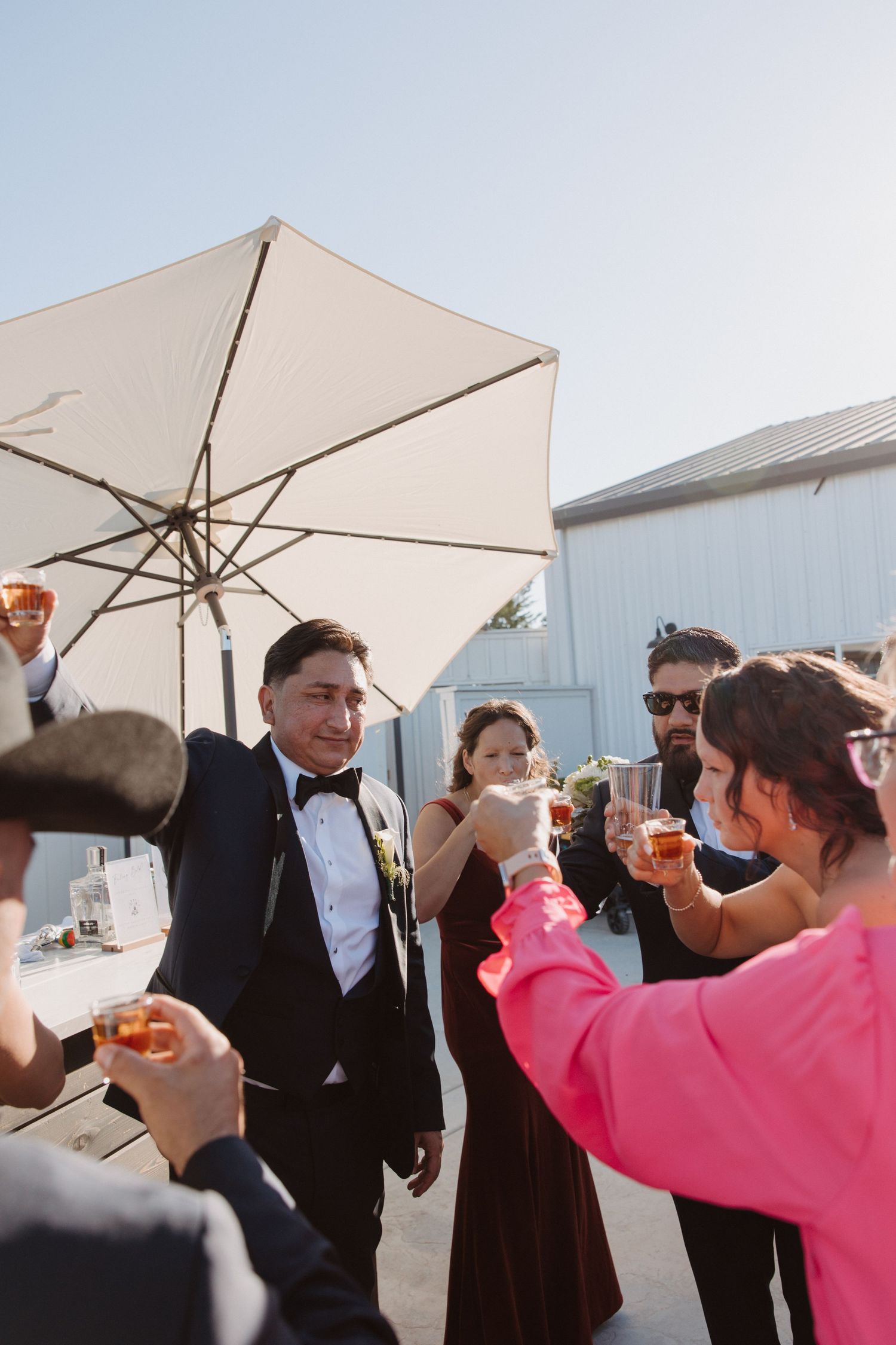 Wedding guests raising drinks in a toast with groom in tuxedo at outdoor reception.