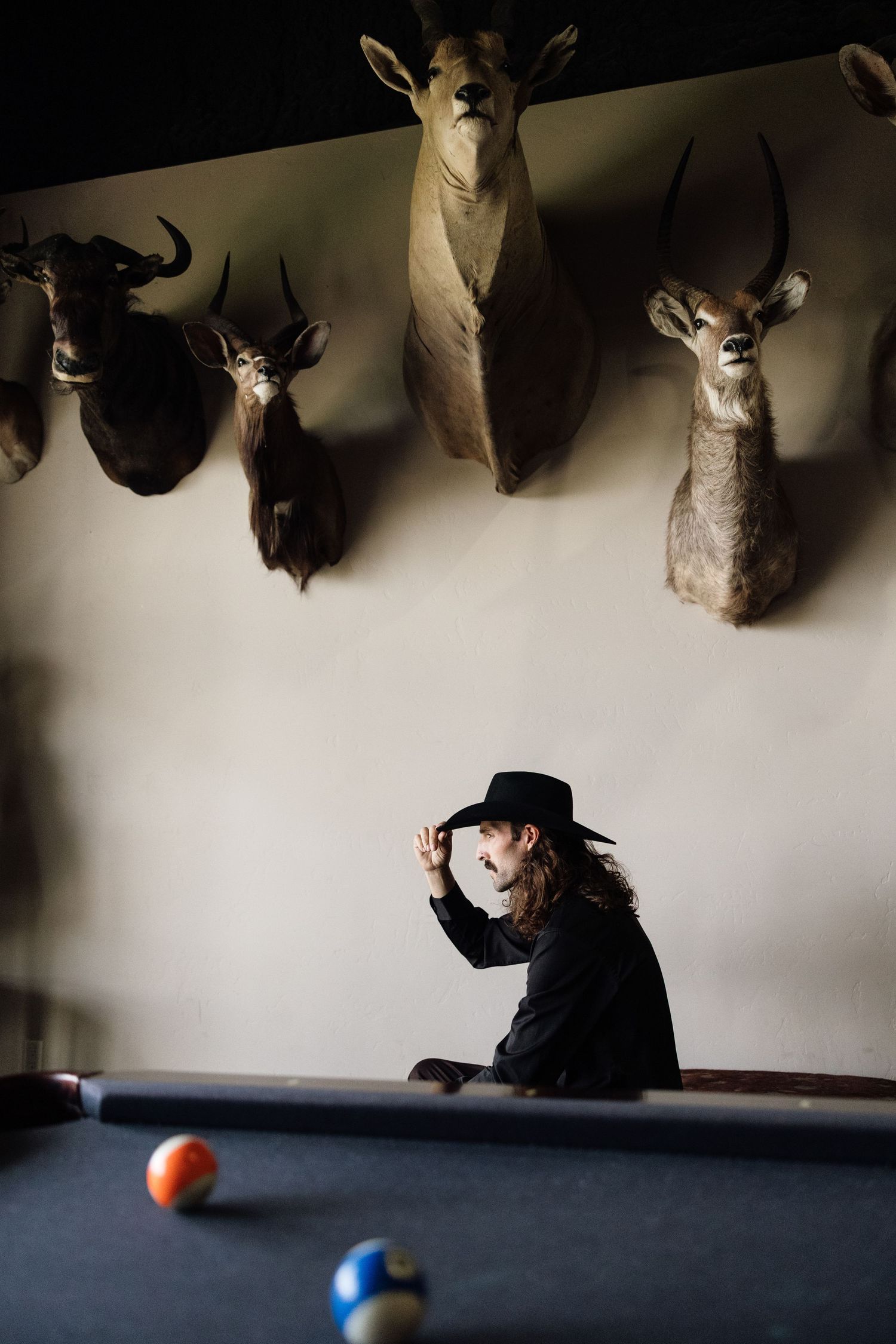 Person in black cowboy hat at pool table with mounted animal trophies on wall above.