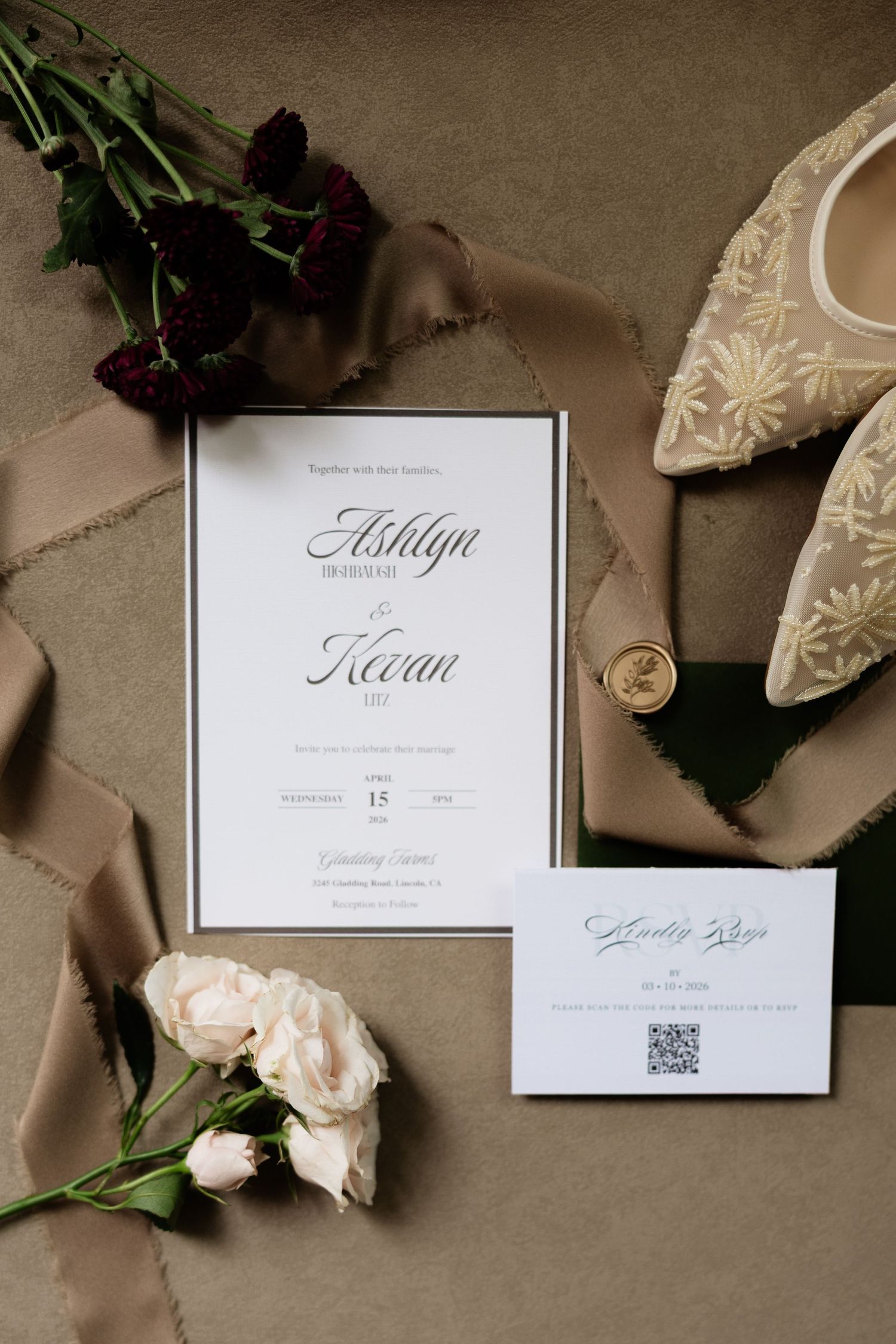 Elegant wedding invitation for Ashlyn and Kevan with cream roses, ribbon, and bridal shoes.