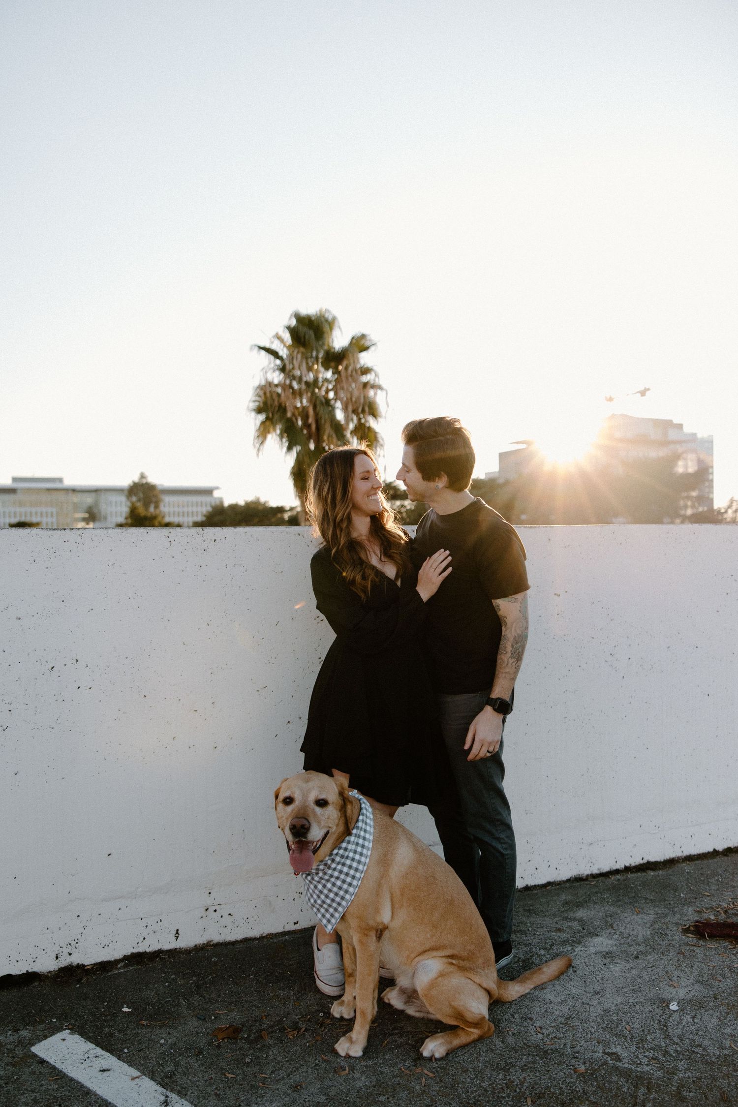Couple in black outfits with golden Labrador wearing bandana on rooftop at sunset.