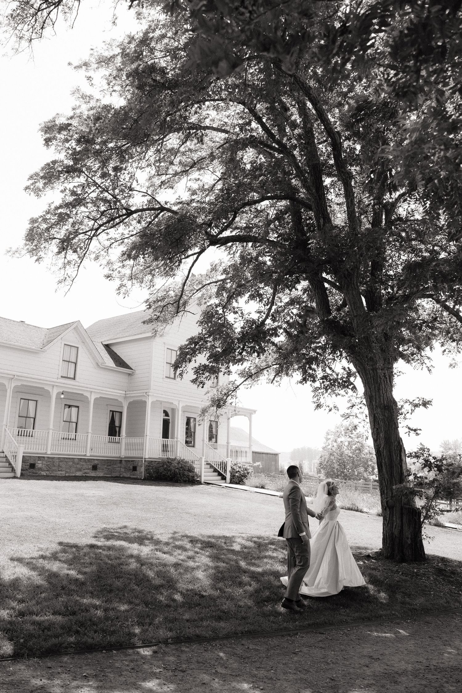 Black and white photo of a bride and groom walking hand in hand near a large tree beside a white Victorian farmhouse.