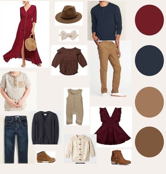 Winter fashion mood board with coordinated family outfits in navy, burgundy and neutral tones.