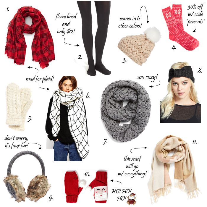Winter accessories collection featuring scarves, mittens, socks and hats in red and neutral colors.