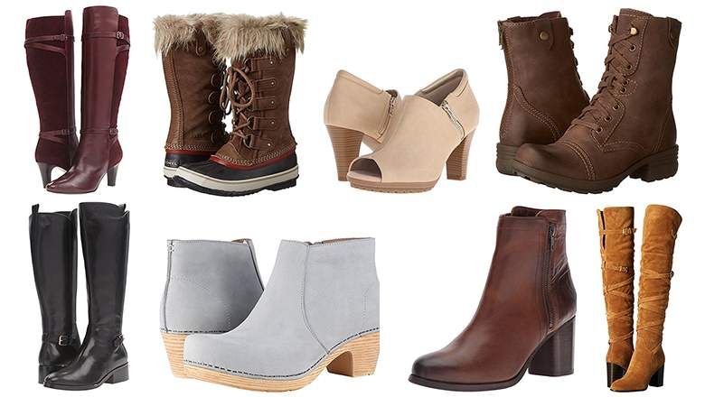 Collection of women's winter boots in various styles and colors from ankle to knee-high lengths.