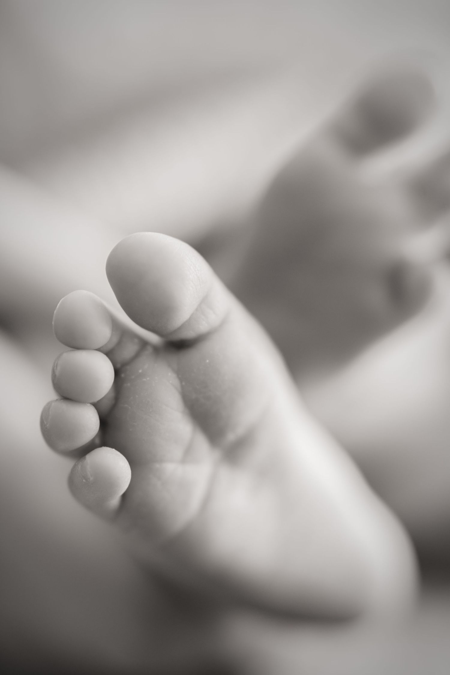 Black and white close-up of a newborn baby’s tiny toes