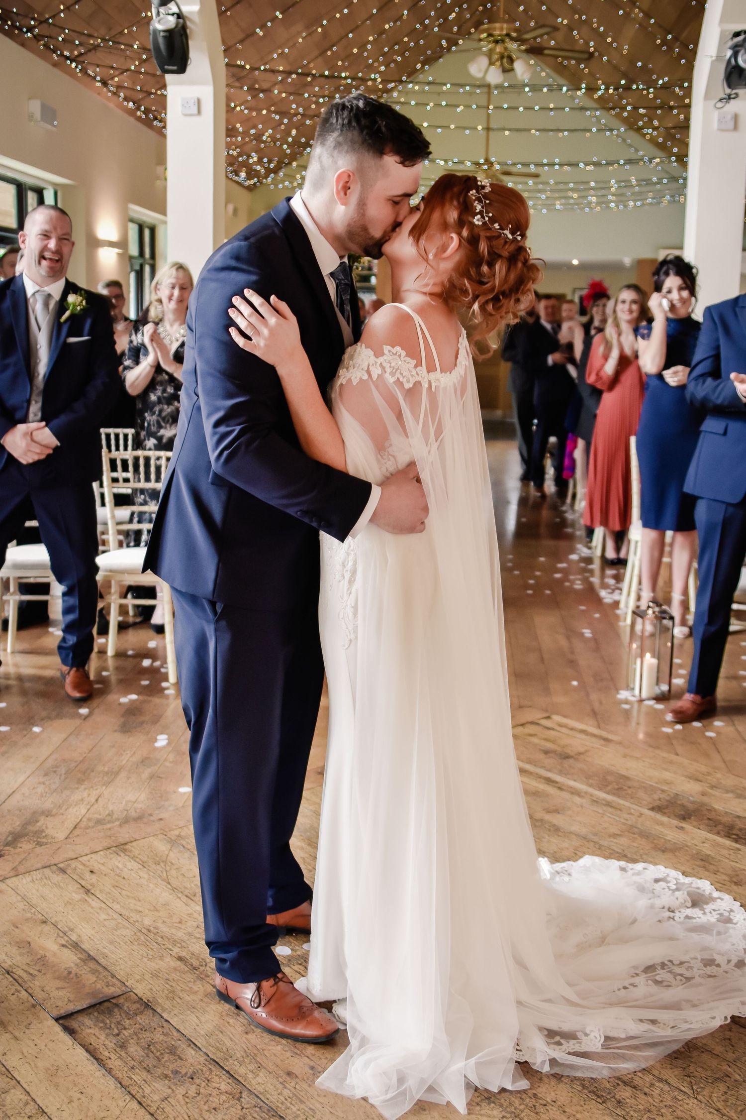 Bride and groom sharing their first kiss during their Canada Lodge ceremony
