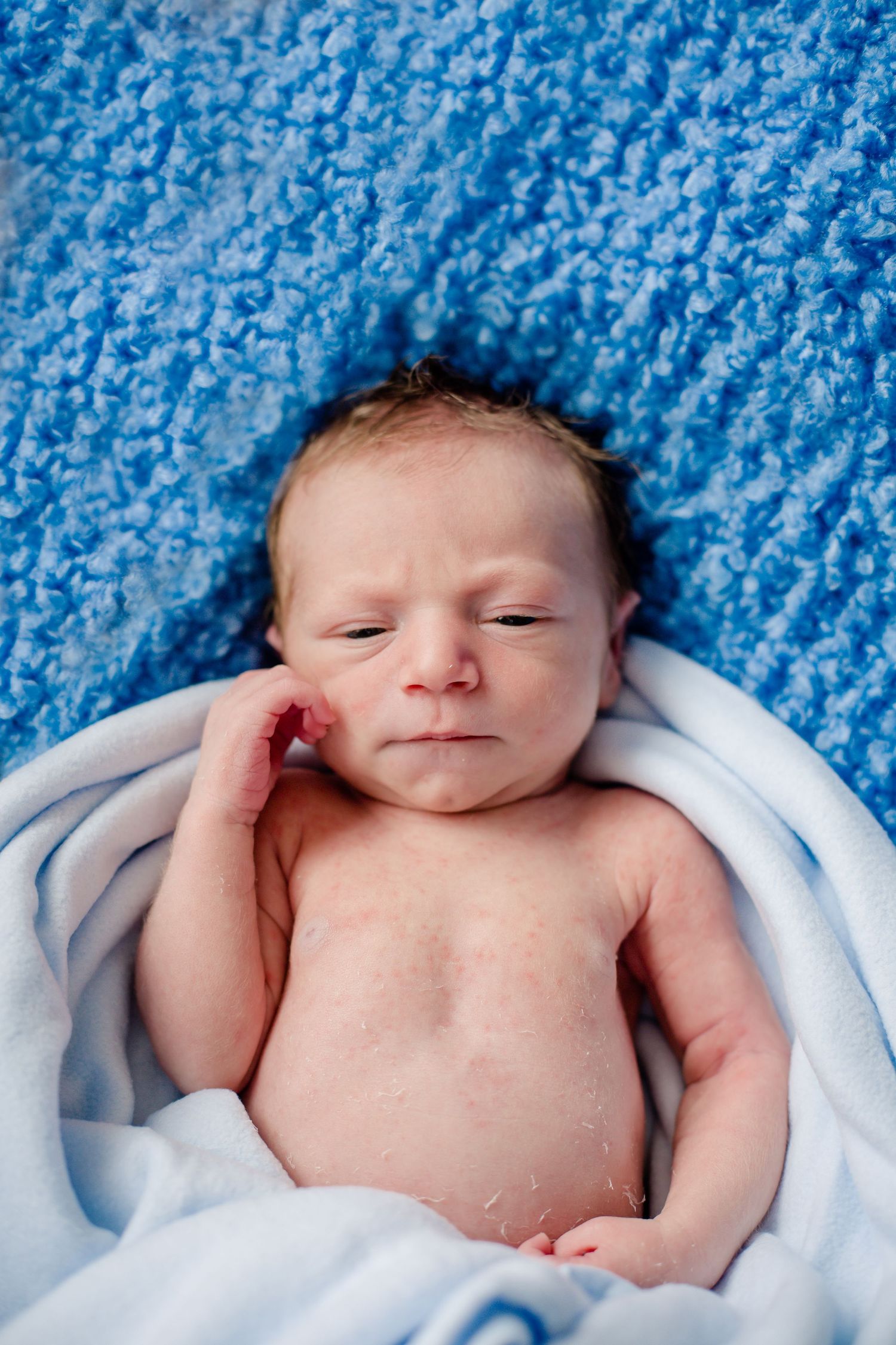 Newborn baby boy wrapped in pale blue on a textured blue blanket