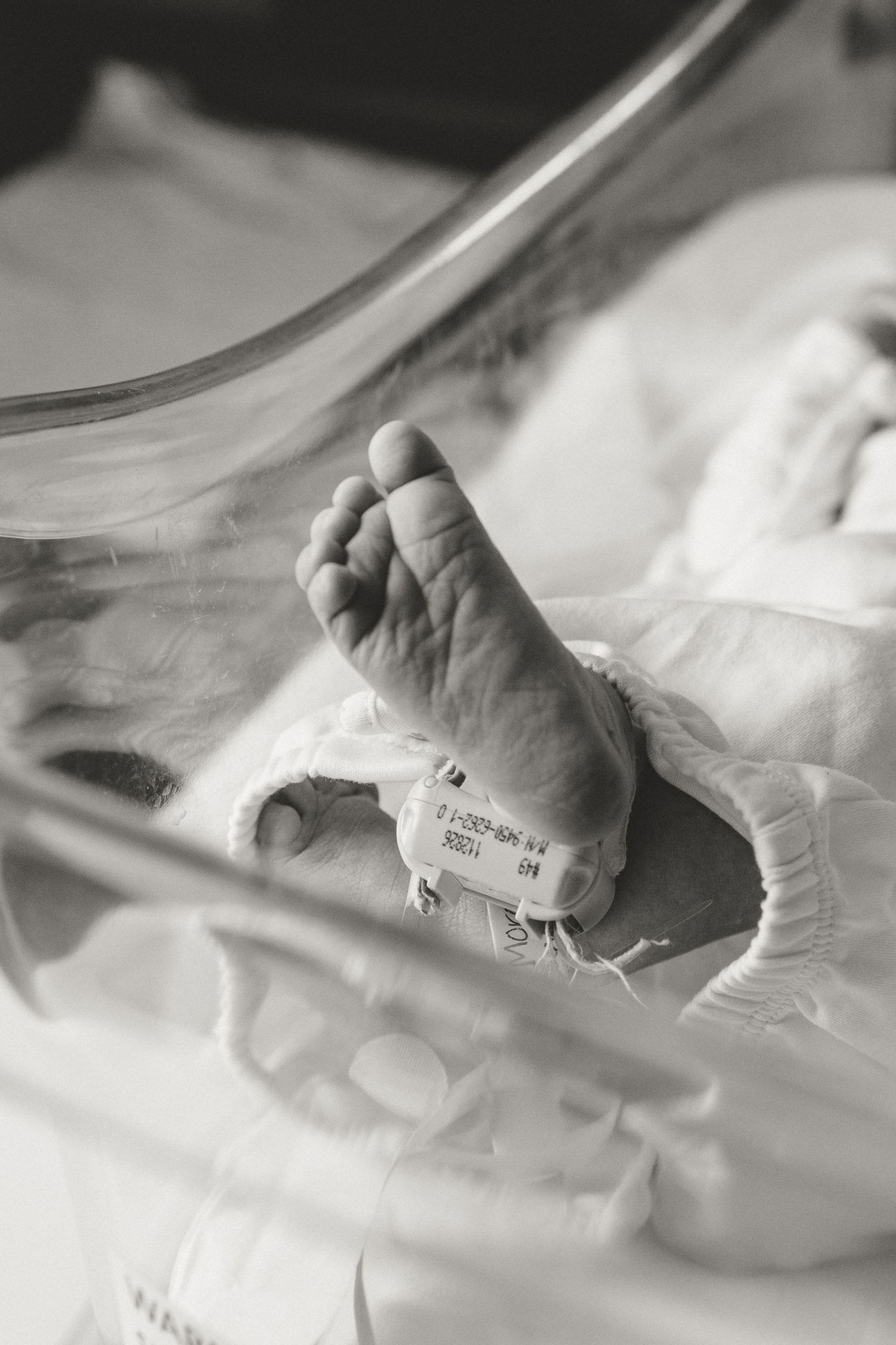 Black and white photo of a newborn baby's tiny foot with hospital ID tag in a NICU incubator.