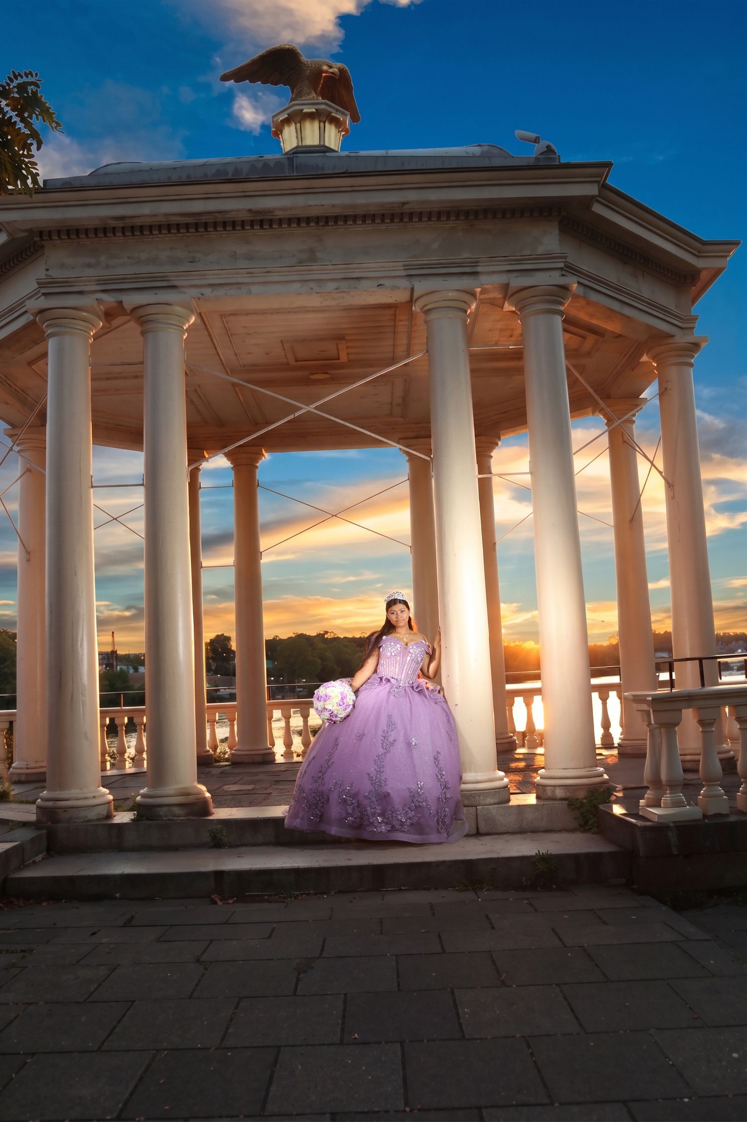 Fine art quinceañera photography in Philadelphia by Alba Paredes featuring a high school senior in an elegant purple dress.