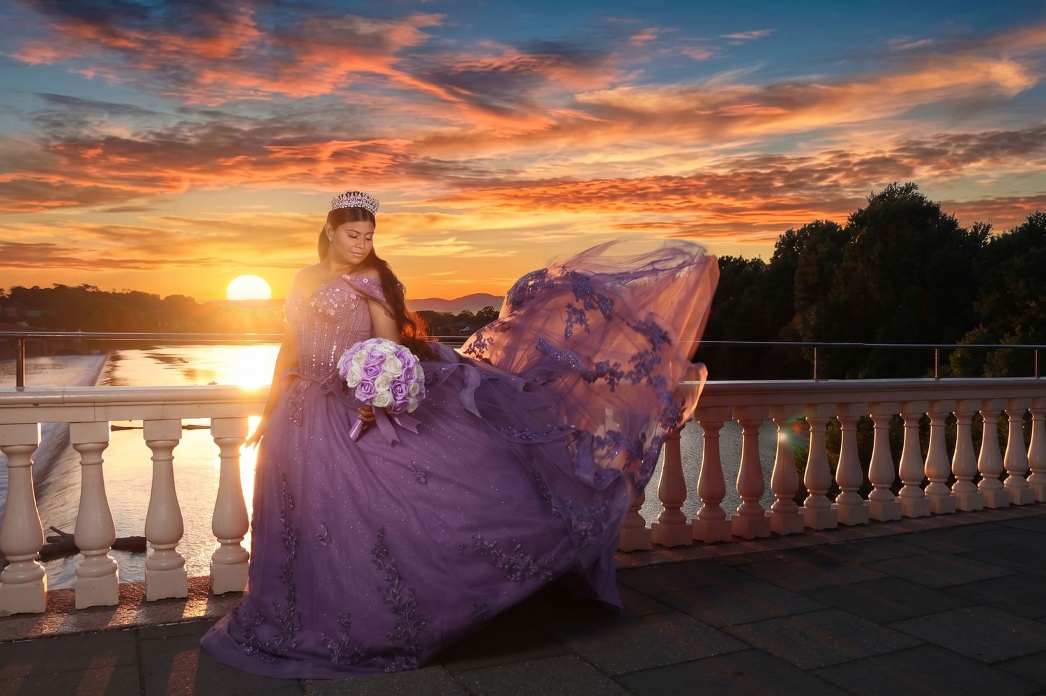 Fine art quinceañera photography in Philadelphia by Alba Paredes featuring a high school senior in an elegant purple dress.