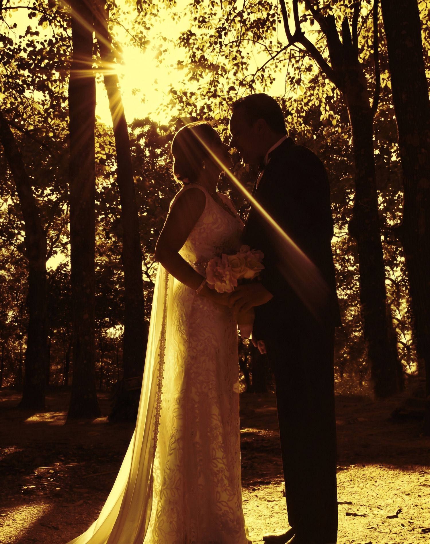 Romantic wedding couple portrait under golden hour trees - Philadelphia photography