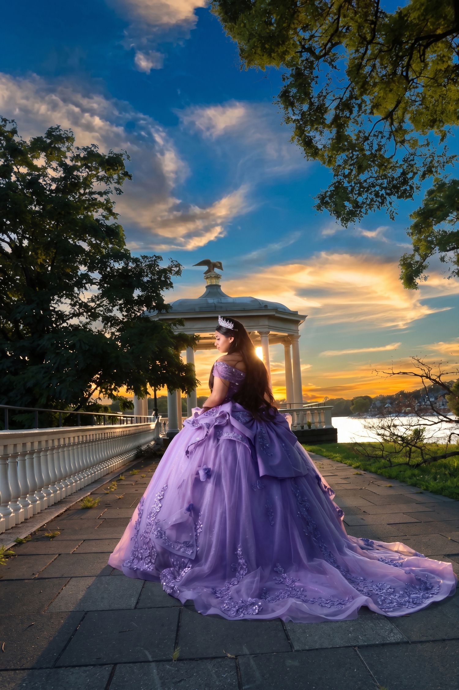 Fine art quinceañera photography in Philadelphia by Alba Paredes featuring a high school senior in an elegant purple dress.