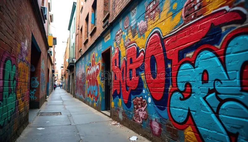 Vibrant graffiti art covers brick walls in a narrow urban alley with colorful street murals stretching into the distance.