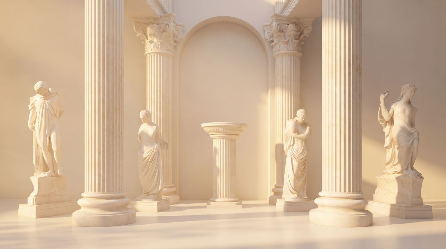Classical Greek marble statues and Corinthian columns in a serene cream-toned ancient Roman architectural hall.