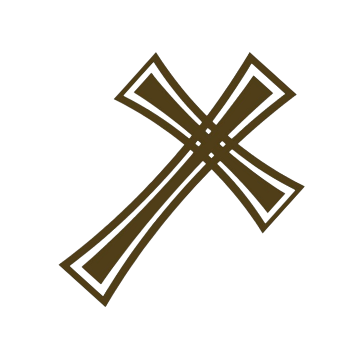 A decorative brown Christian cross with ornate flared ends and white line details on a white background.