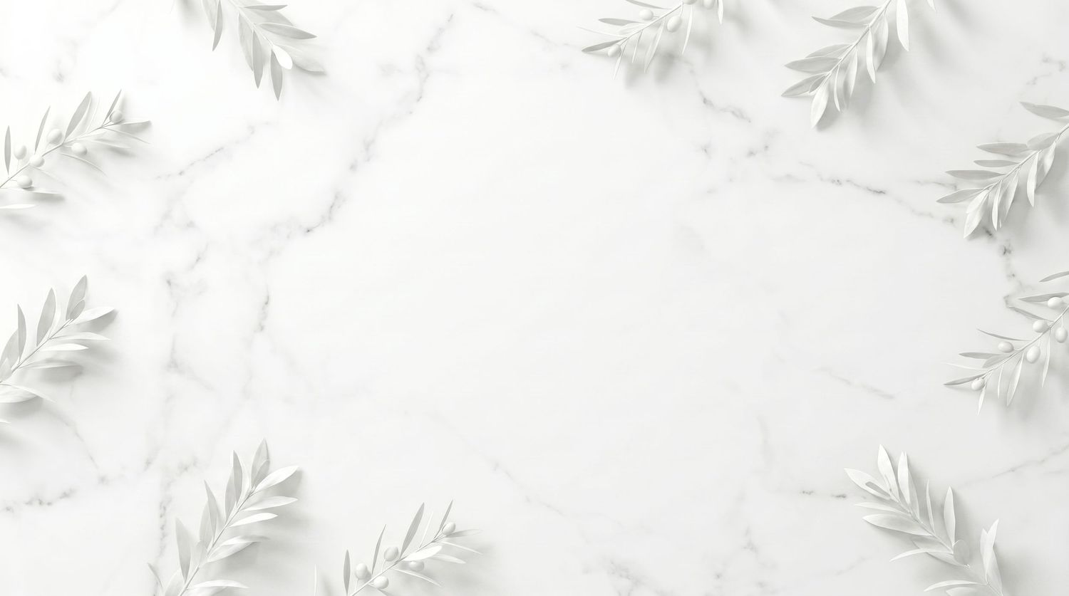 White marble background with delicate white botanical leaf branches in corners, elegant minimalist design.