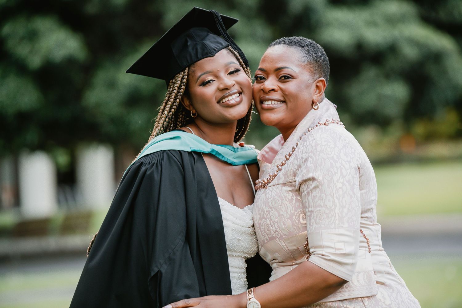 A graduation celebration captured in a series of candid outdoor photos showing joyful embraces and smiles.