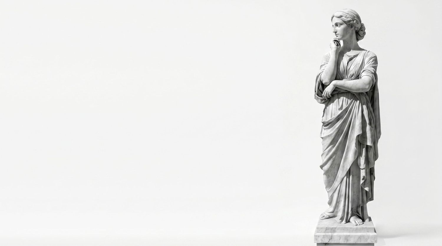 White marble statue of a classical Greek or Roman female figure in draped robes, isolated on white background.