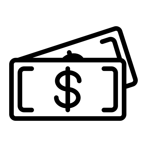 Black and white icon of two stacked dollar bills with a dollar sign symbol representing cash or money payment.