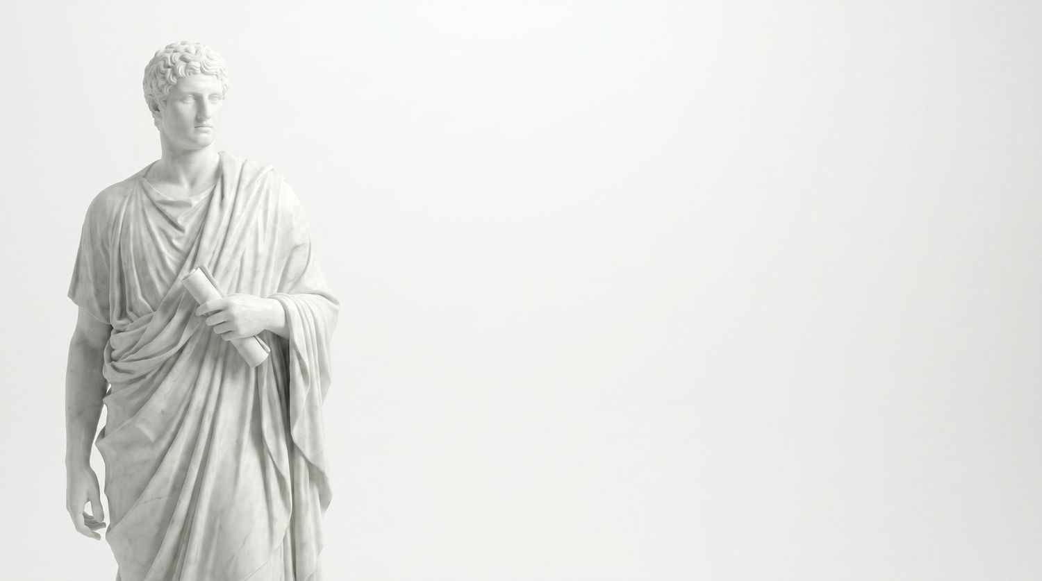 A classical white marble Greek or Roman statue of a draped figure standing against a white background.